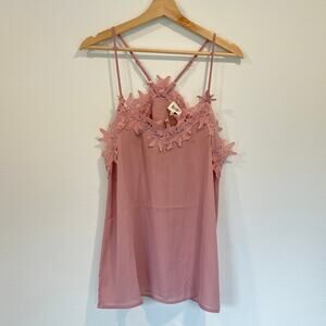BiBi Cami Camisole Tank with Floral Lace Trim Pink Women's S